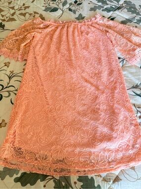 Off-Shoulder Lace Mini Dress in Coral Pink
